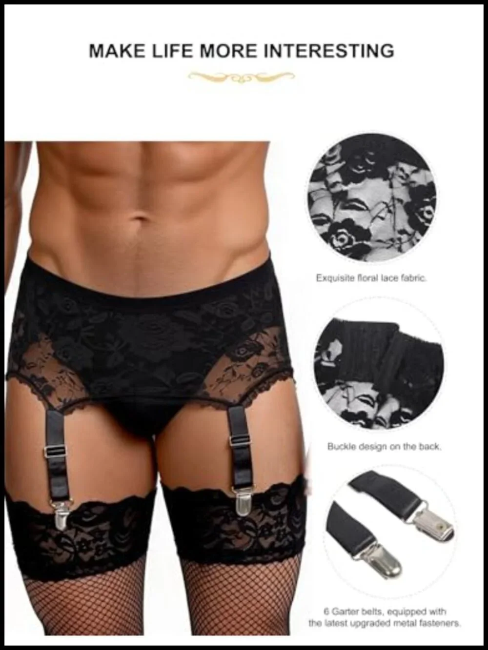 Men's 6-Strap High-Waist Lace Garter Belt with Metal Clamps Adjustable